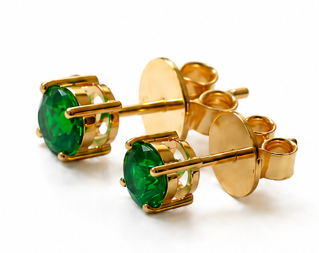 Yellow Gold Lab-Grown Green Emerald Solitaire Stud Earrings Round Cut Gemstone