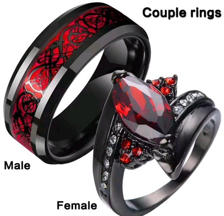 Enchanting Red Black Couple Ring His/Her Made for Lovers Valentine’s Day Edition