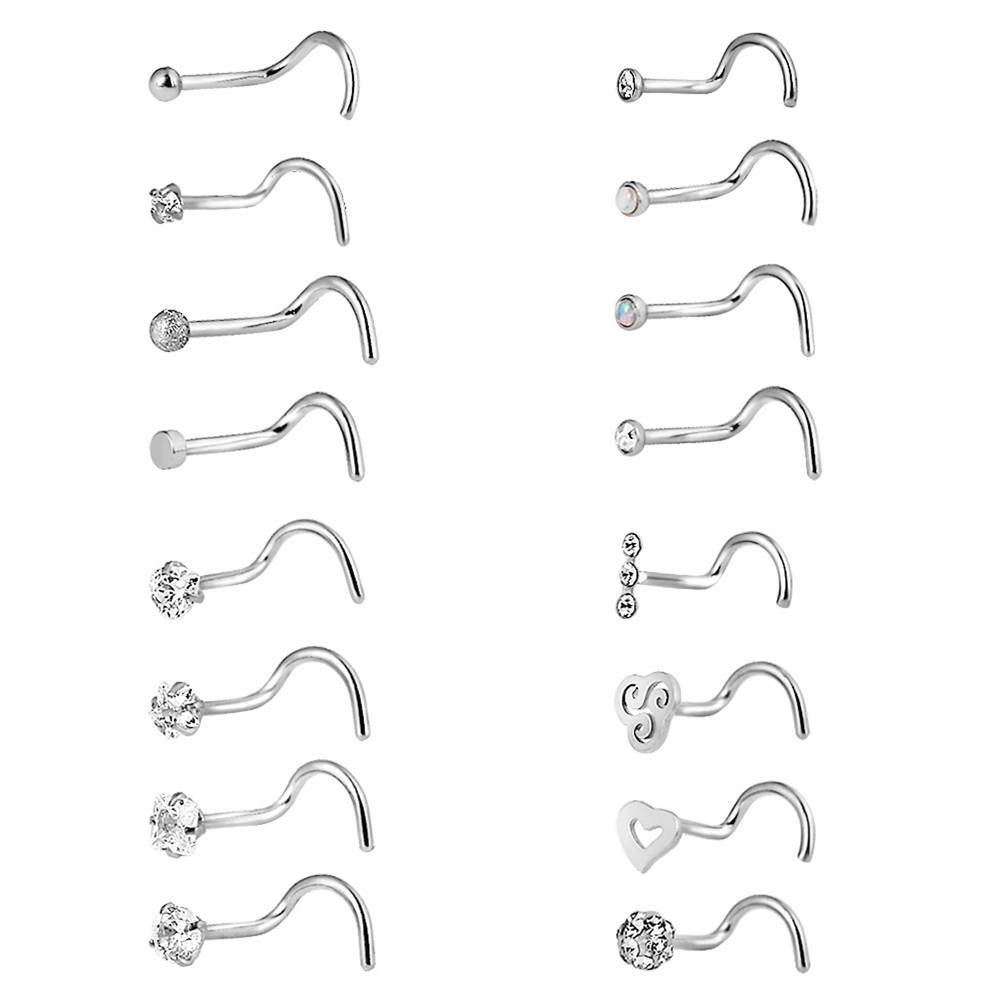 20G Nose Hoop Rings Surgical Steel Screw Studs Cartilage Piercing 16PCS Set