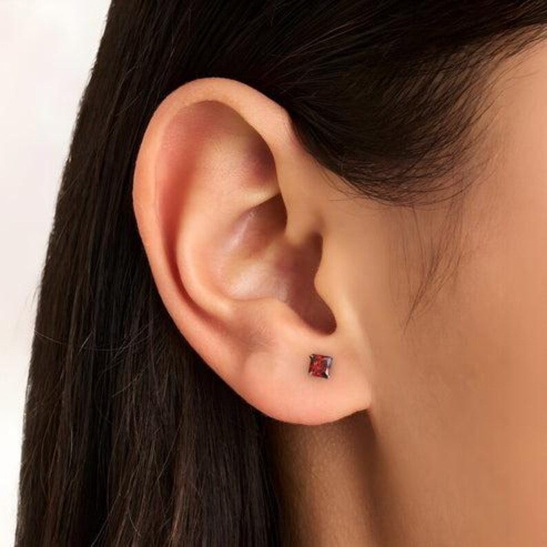 Red Square Stud Earrings | 925 Sterling Silver, Unisex Minimalist