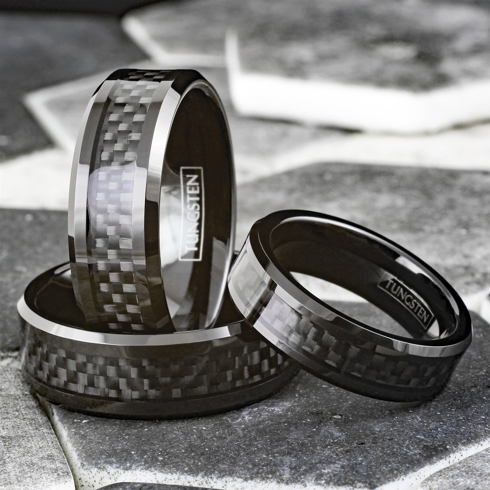 8mm Tungsten Carbide Ring Black Carbon Fiber Inlay Wedding Band Mens Jewelry