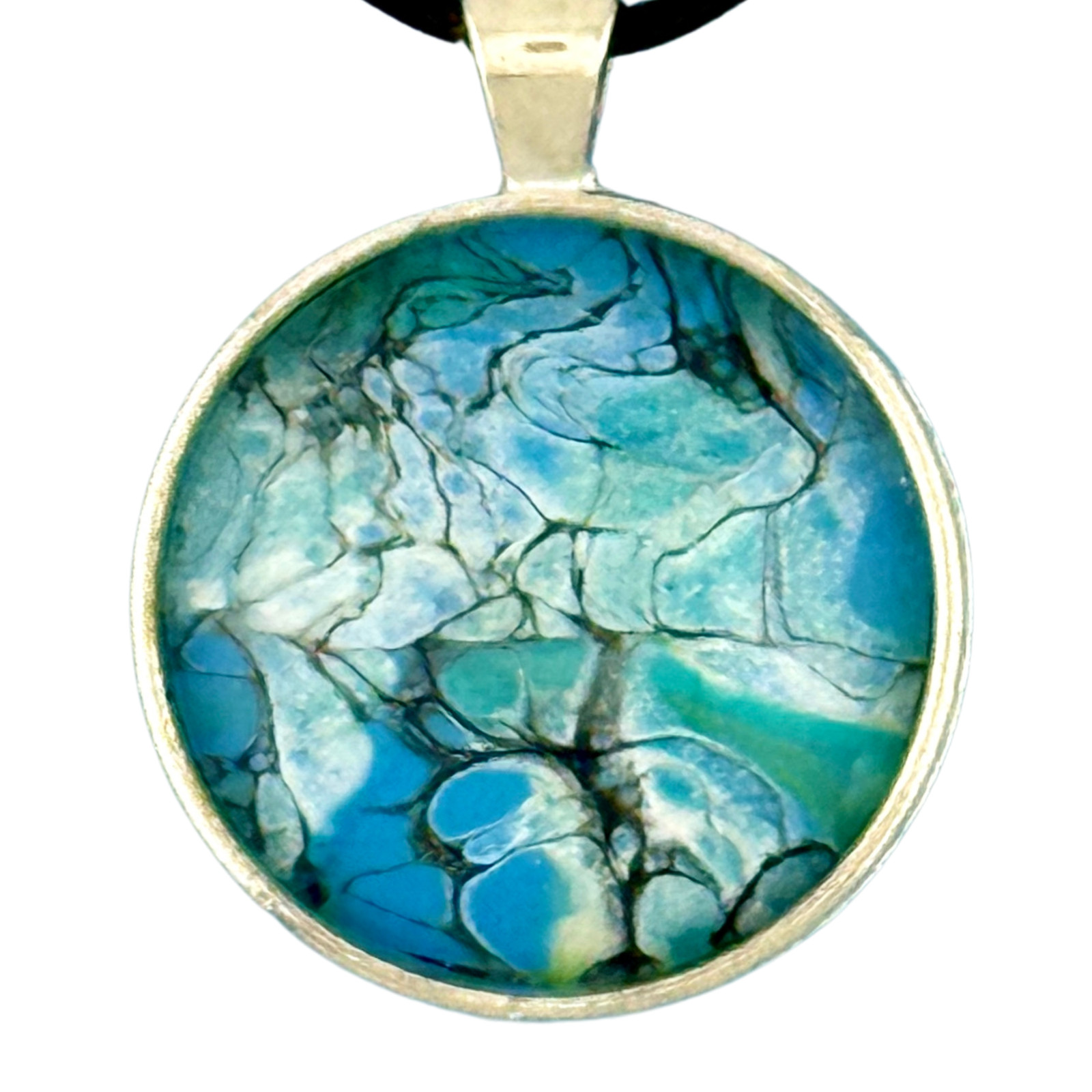Pendant Necklace Handmade “Alaska Waters” Silver Bezel 30mm Black Cord
