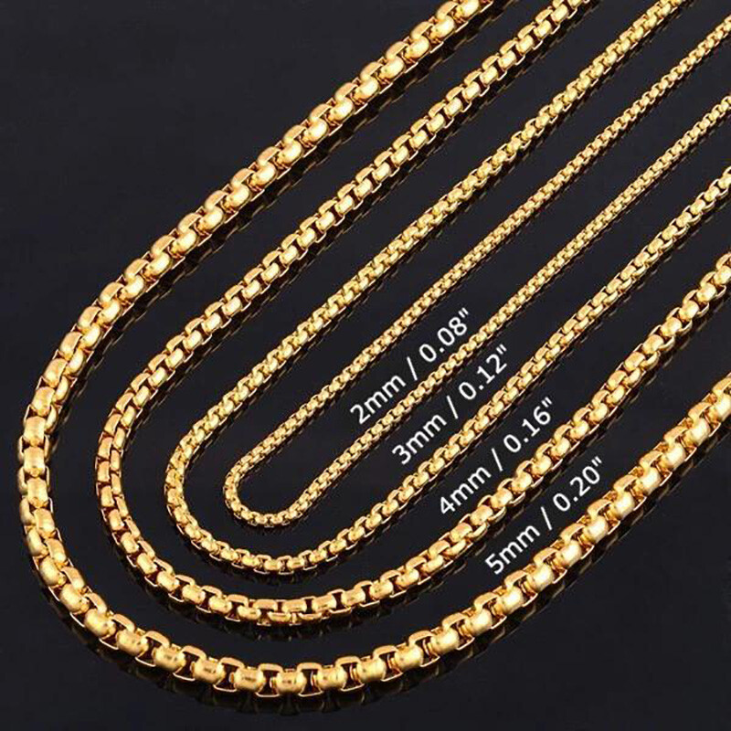 2/3/4/5mm 16″-30″ Men Women Gold Plated Box Chain Necklace Stainless Steel Xmas