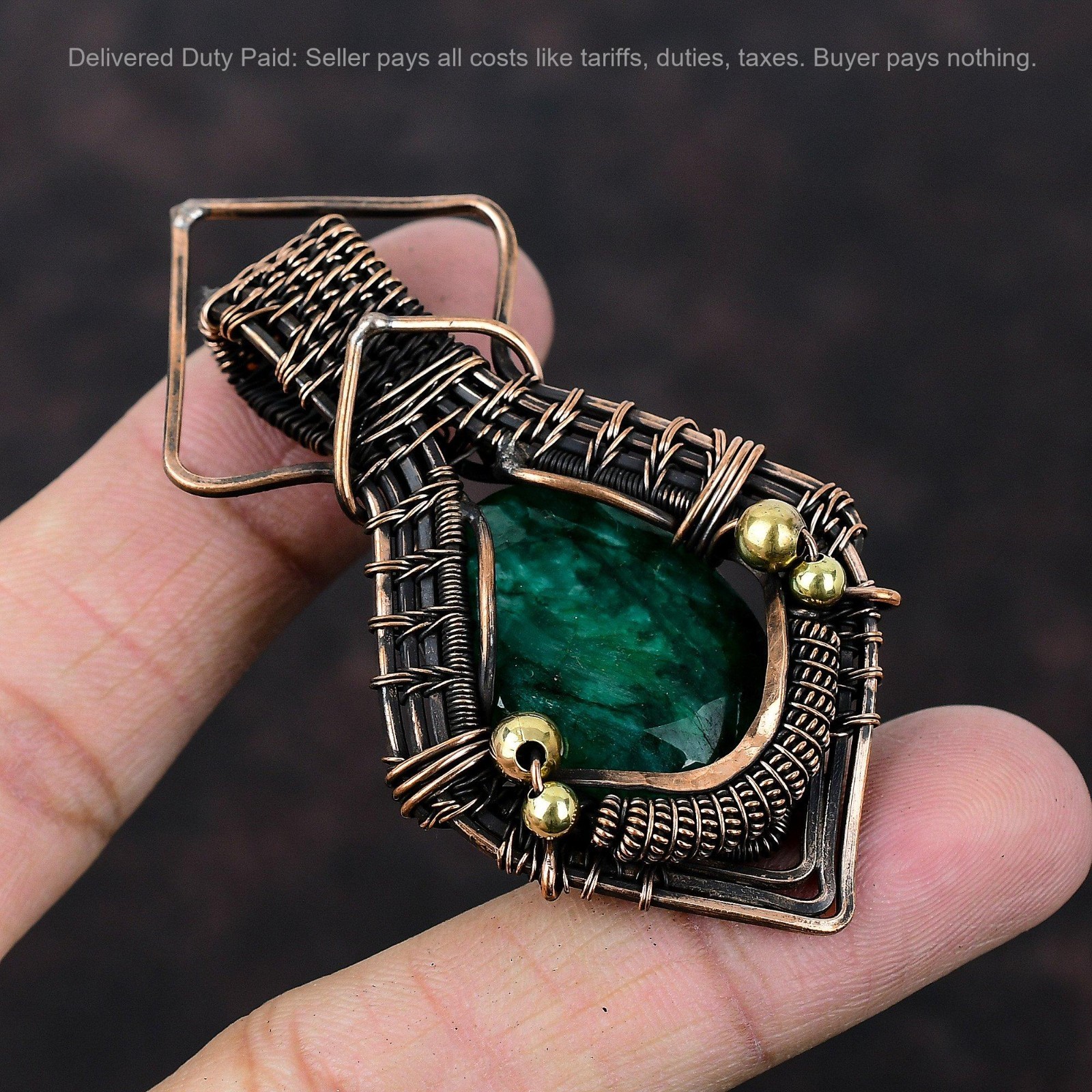 Oval Zambian Emrald Stone Copper Wedding Wire Wrapped Anniversary Sister Pendant