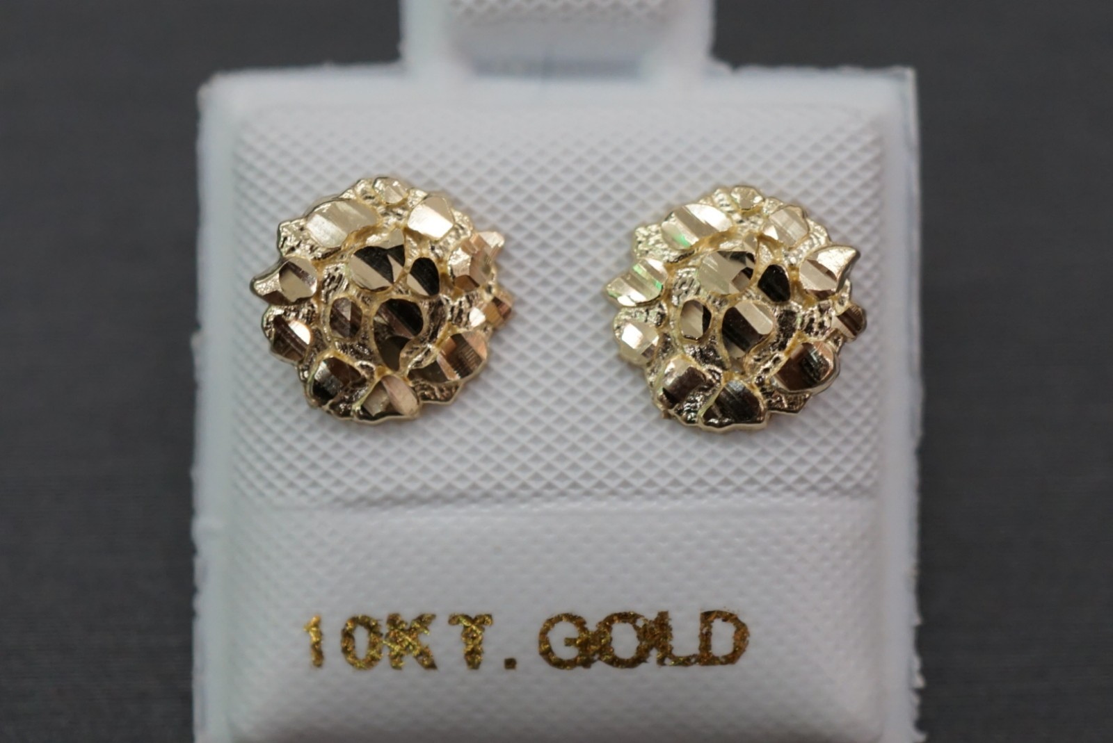 Real 10K Solid Yellow Gold 8.5MM Round Diamond Cut Nugget Stud Earrings.