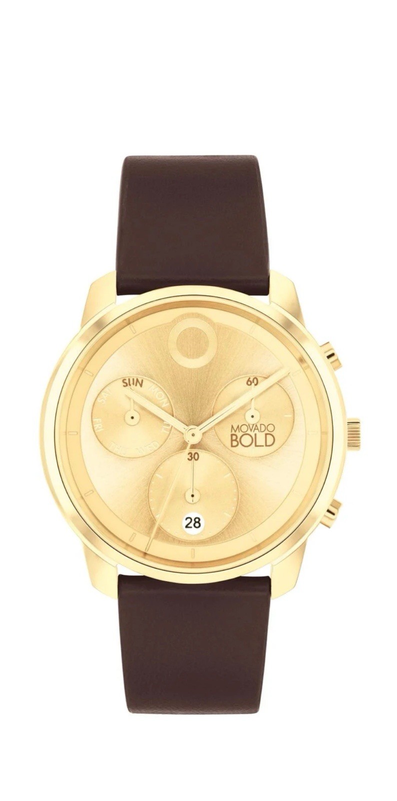 Brand New Movado Bold Men’s Yellow Gold Brown Leather Strap Watch 3601029