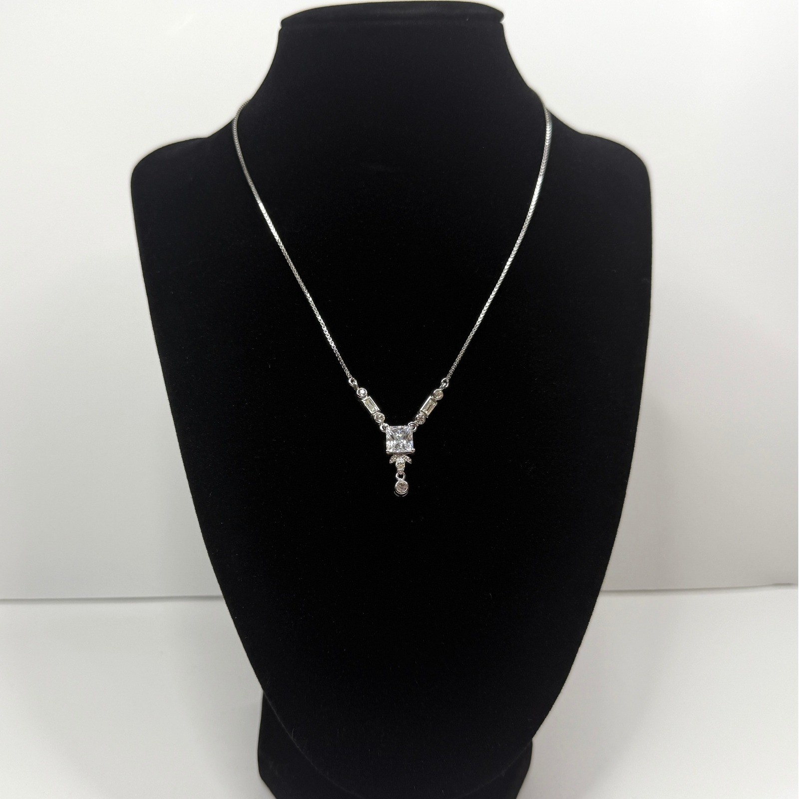 Princess Cut Cubic Zirconia CZ Y Drop Pendant Necklace Silver Tone Jewelry 8.5in