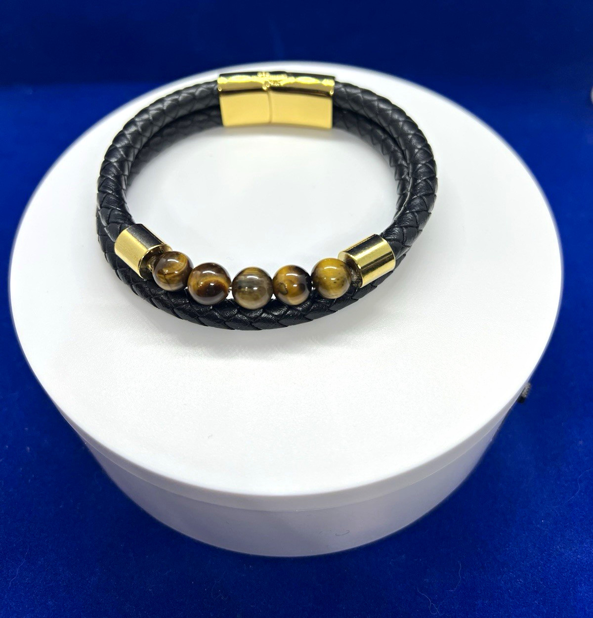 Black Braided Leather Bracelet Tiger’s Eye Brown Round Beads 5 Magnetic Clasp