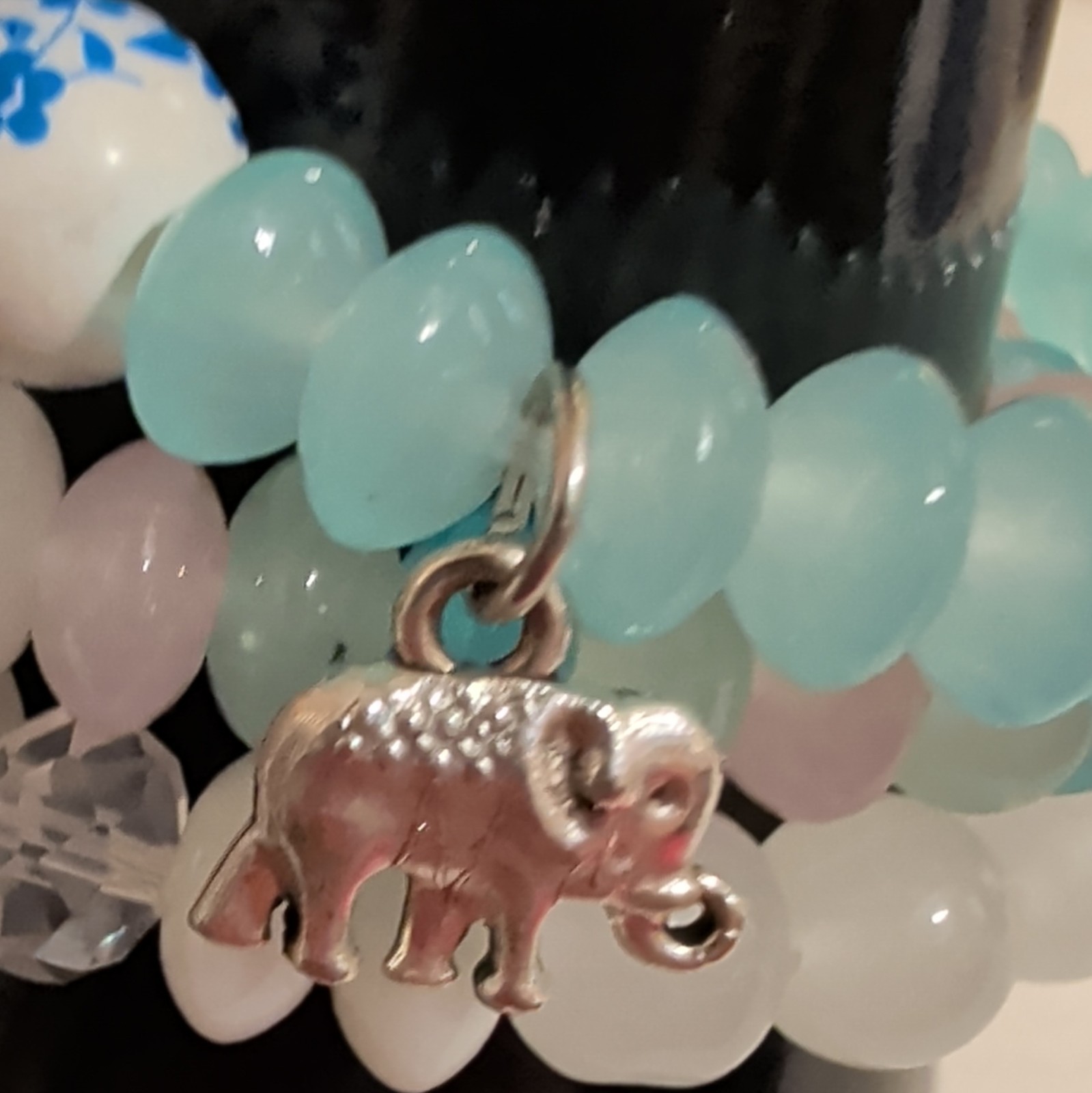 Multicolor Glass Round Beaded Stretch Stackable Bracelets w/ Elephant Dangle