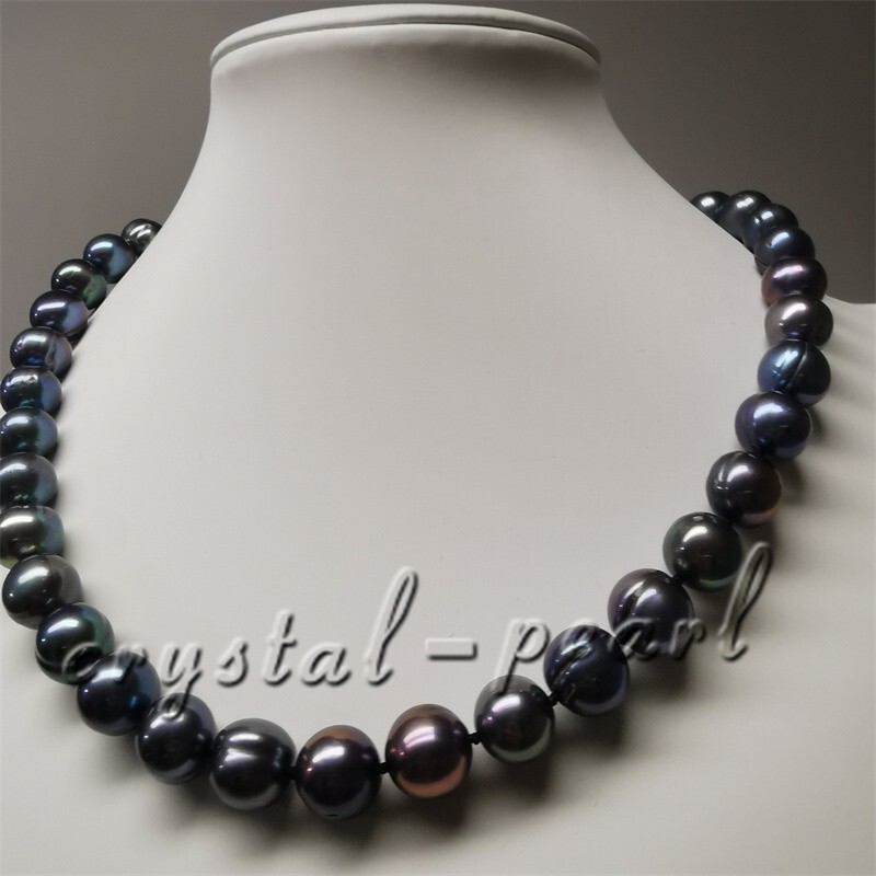 AAA+ 11-10MM TAHITIAN SOUTH SEAS BLACK BAROQUE PEARL NECKLACE 18 INCH 14K GOLD