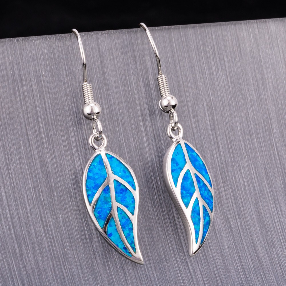 Nature Leaf Shape Ocean Blue Fire Opal Silver Jewelry Dangle Drop Earrings