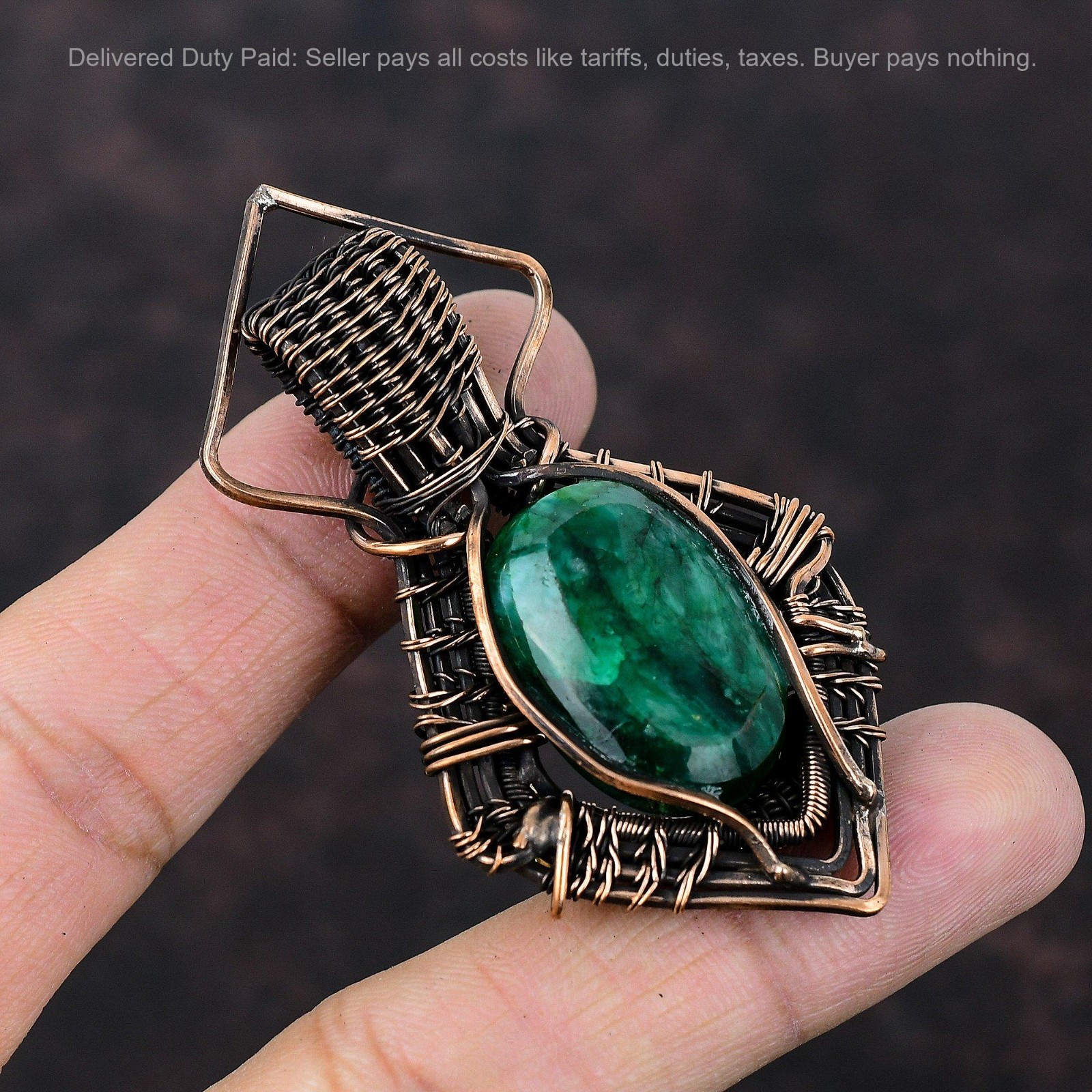 Oval Zambian Emrald Stone Copper Wedding Wire Wrapped Anniversary Sister Pendant