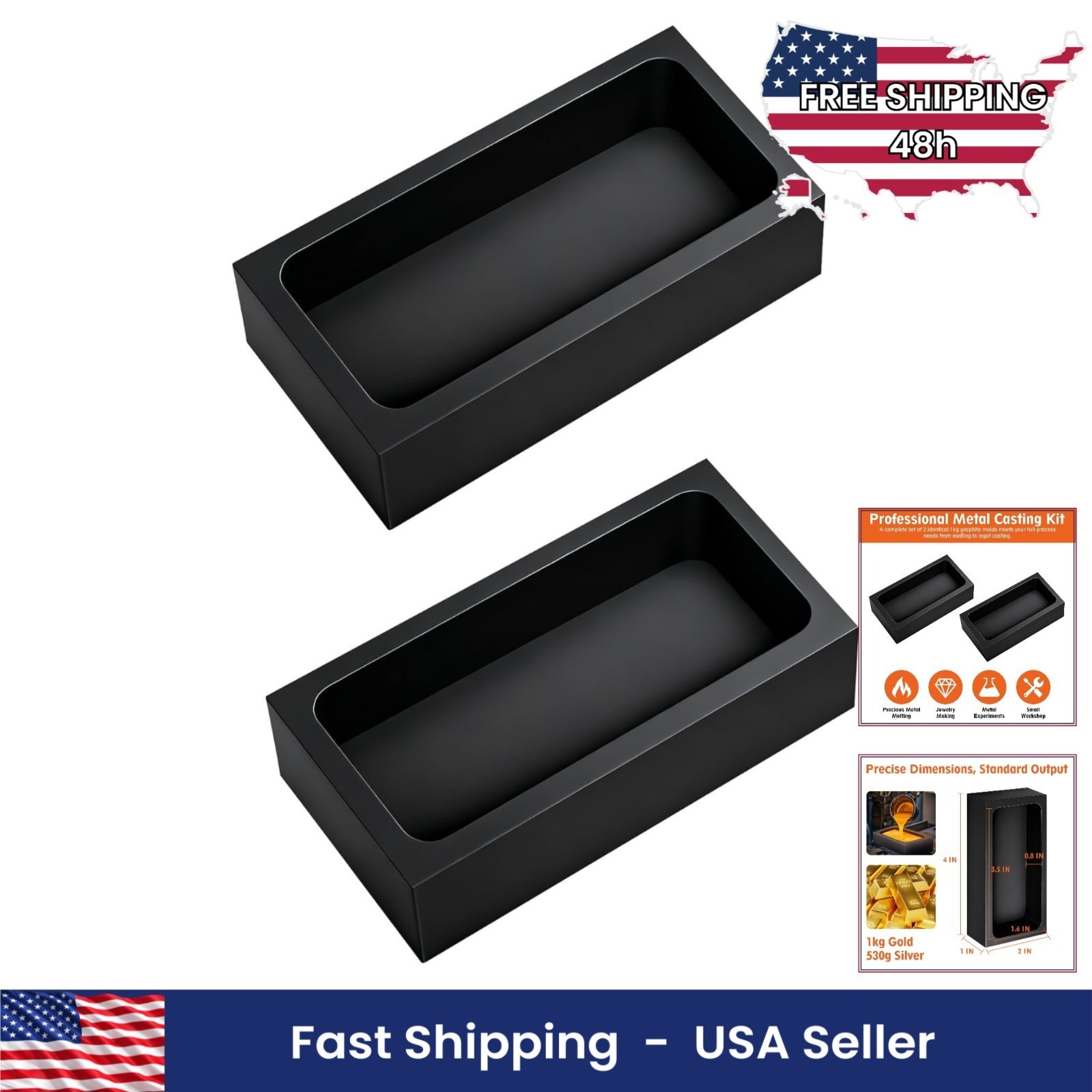 2 Pieces 1kg Graphite Ingot Molds Casting Gold Silver Aluminum Copper Brass