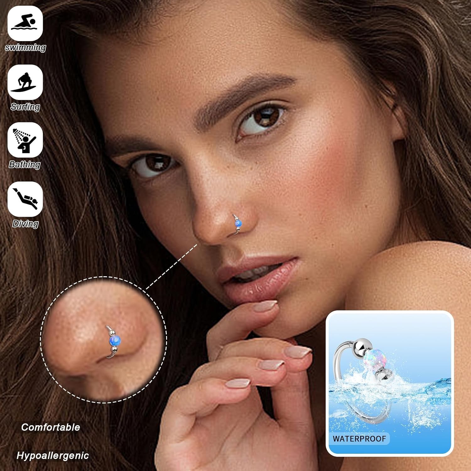 Thiswhyimbeauty 2PCS 18g Opal Nose Rings for Women Nose Hoops 8mm/10mm Hypoaller