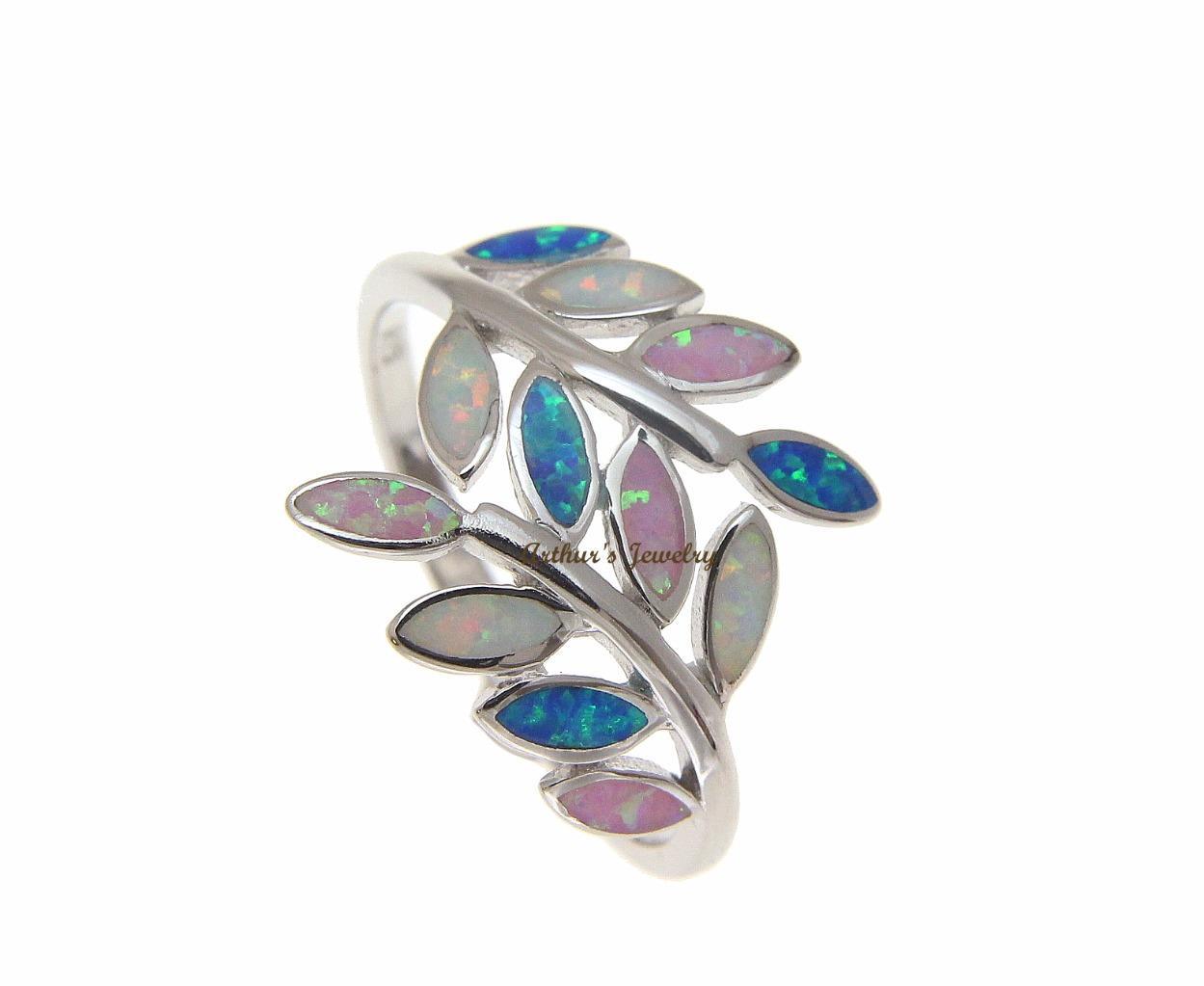 BLUE WHITE PINK TRICOLOR INLAY OPAL RING HAWAIIAN MAILE LEAF 925 STERLING SILVER