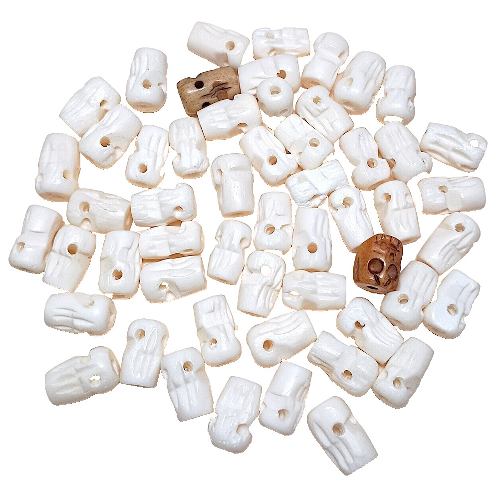 Buffalo Bone Skull Beads, 50 Pcs, White, Avg 12 mm, 2 mm Holes, 2 Brown Samples