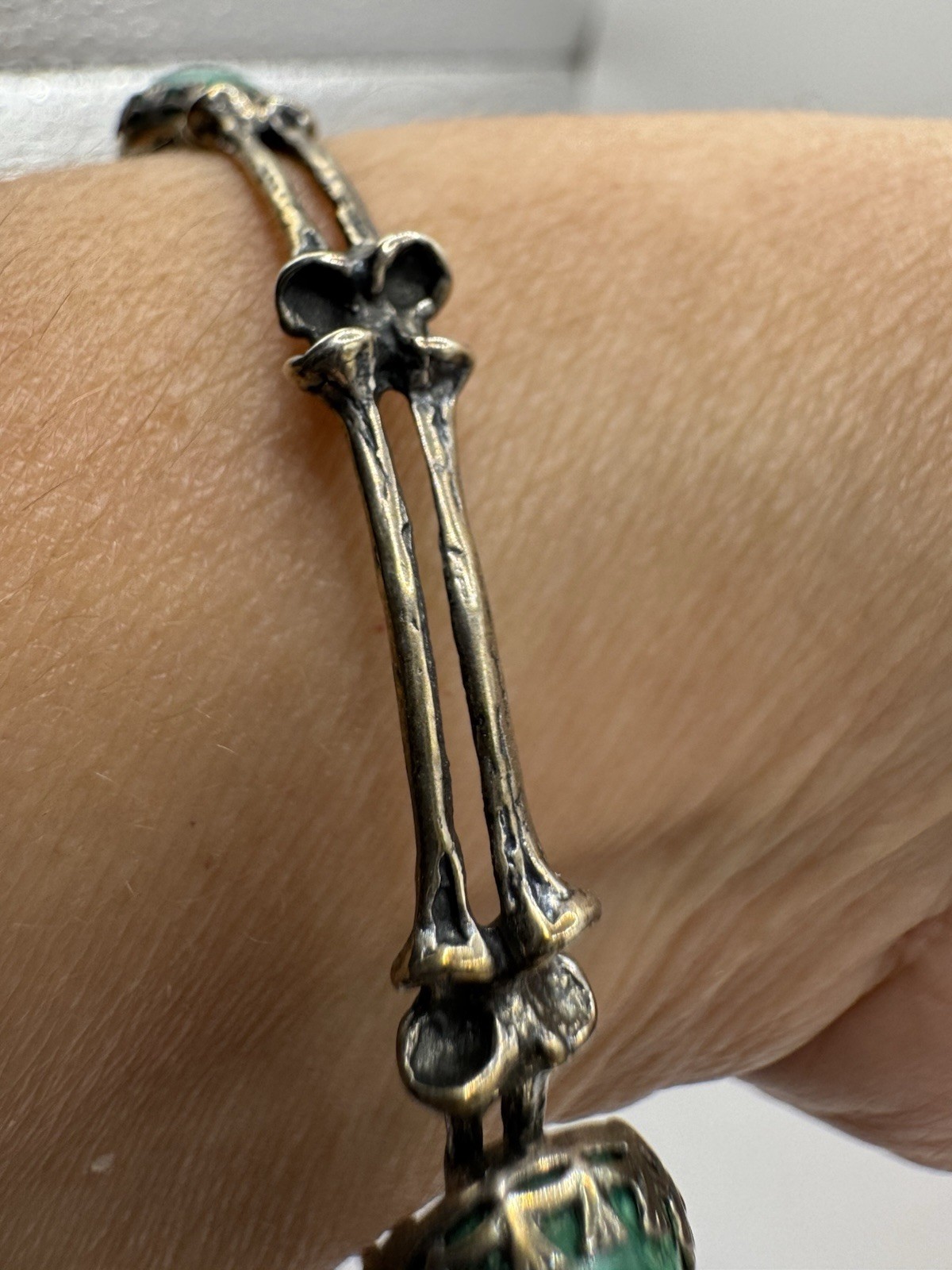 Vtg Native American Navajo Bone Bracelet Sterling Silver 925 3 Green Malachites