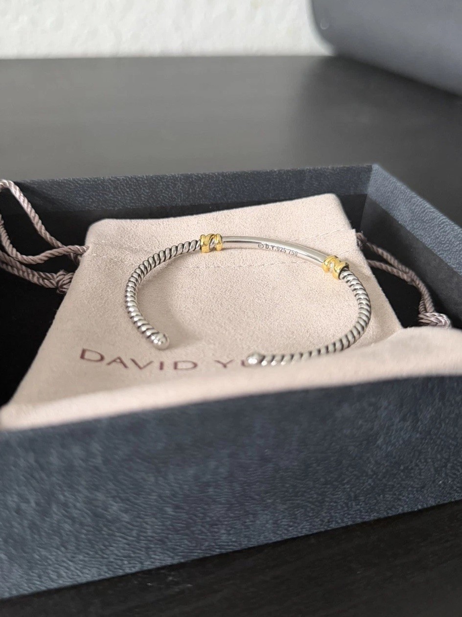 David Yurman Helena Bracelet Cuff Sterling Silver w/ 18K Gold & Diamonds, Size M