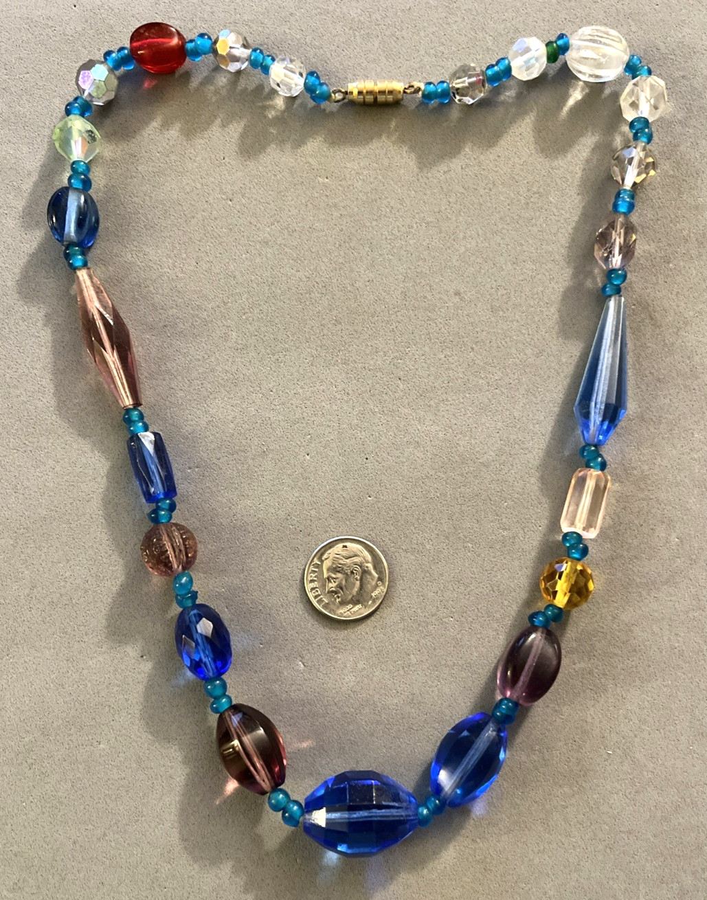 Vintage Assorted Shapes and Size Glass Beads AB Czech Colorful Necklace 18.75″