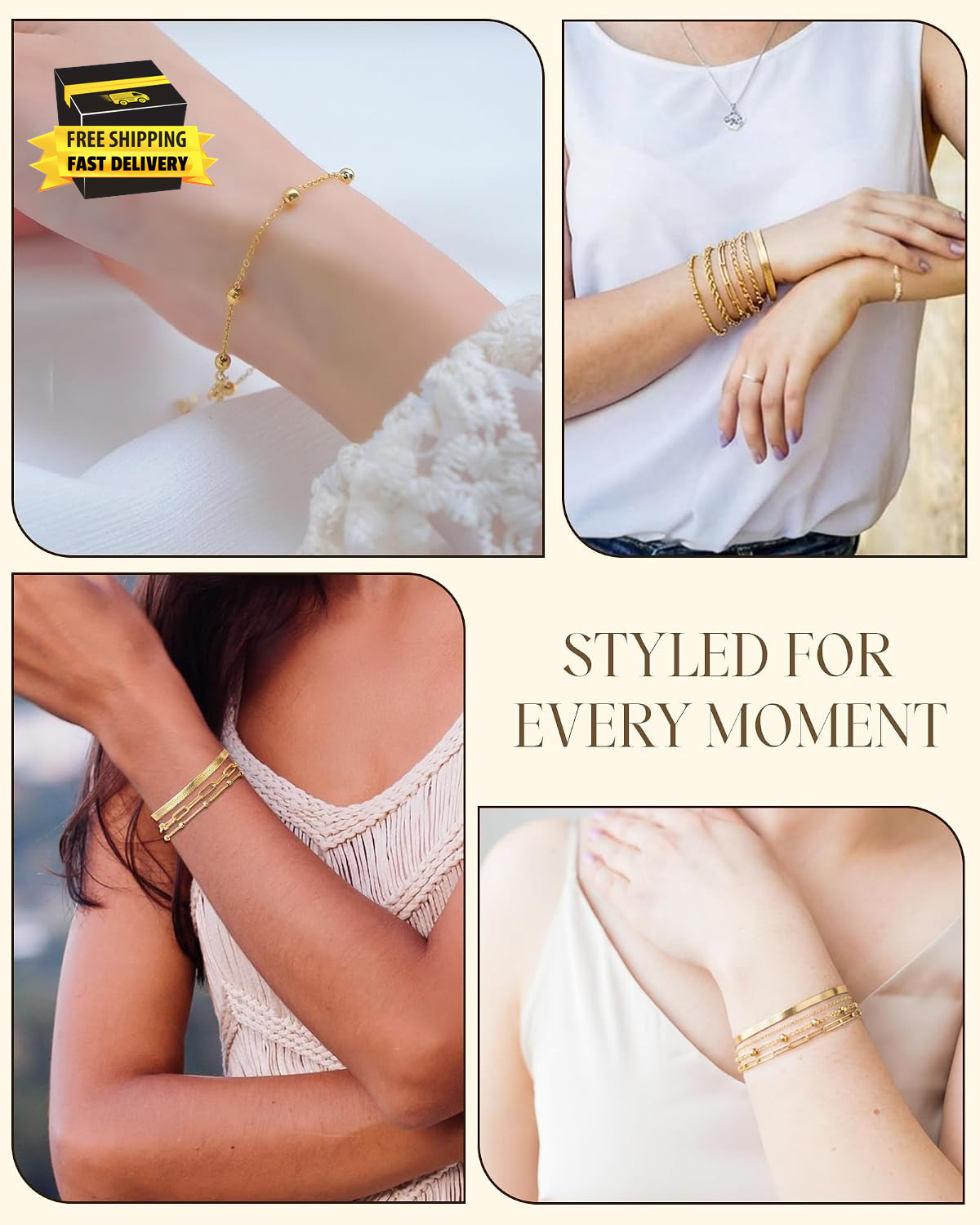 Stackable Ankle Bracelets for Women, 6Pcs 14K Gold Plated Non Tarnish Adjustable