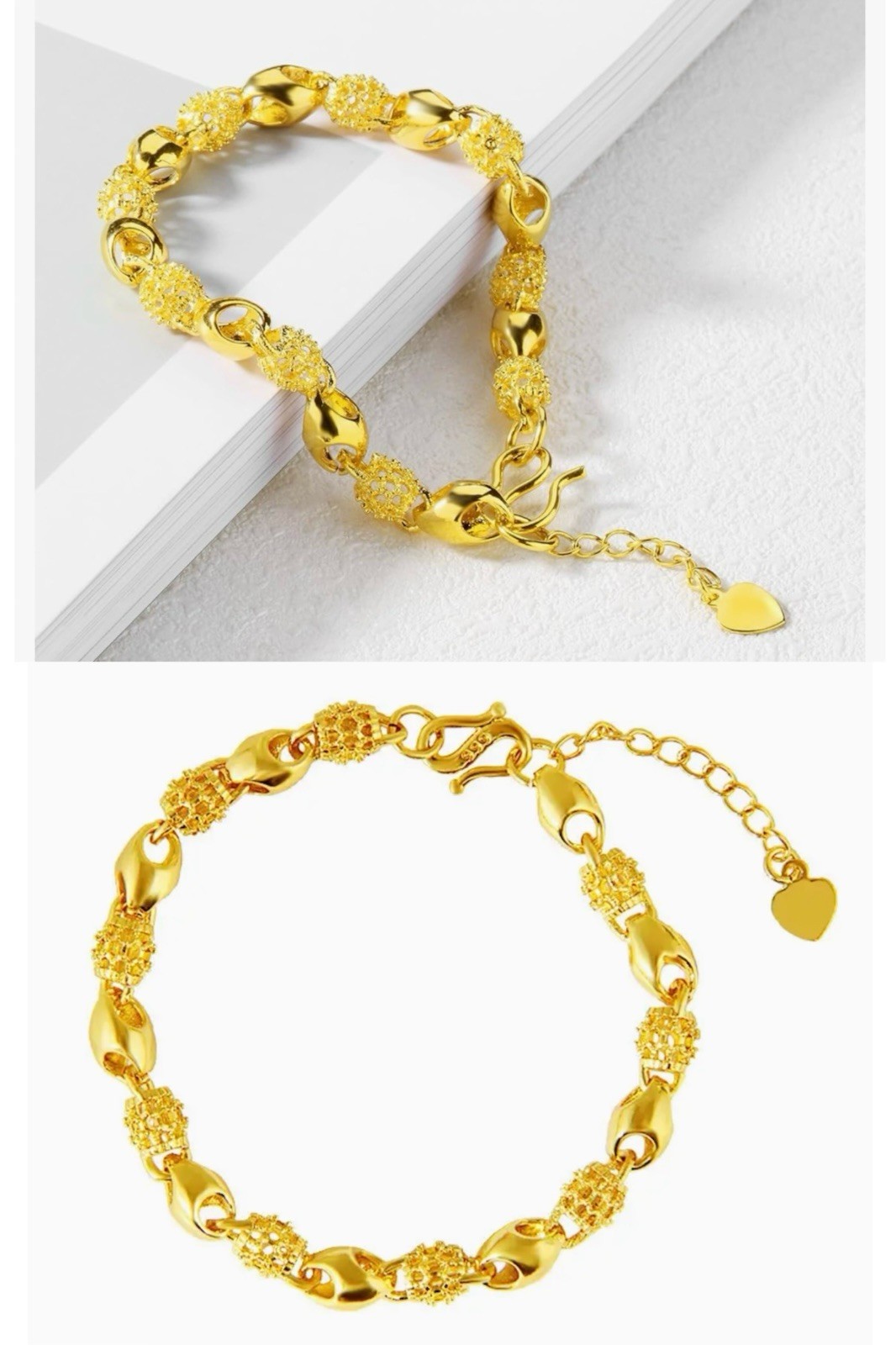 Gold Tone Openwork Sand Gold Effect Bracelet Adjustable 7-9 in Heart Charm