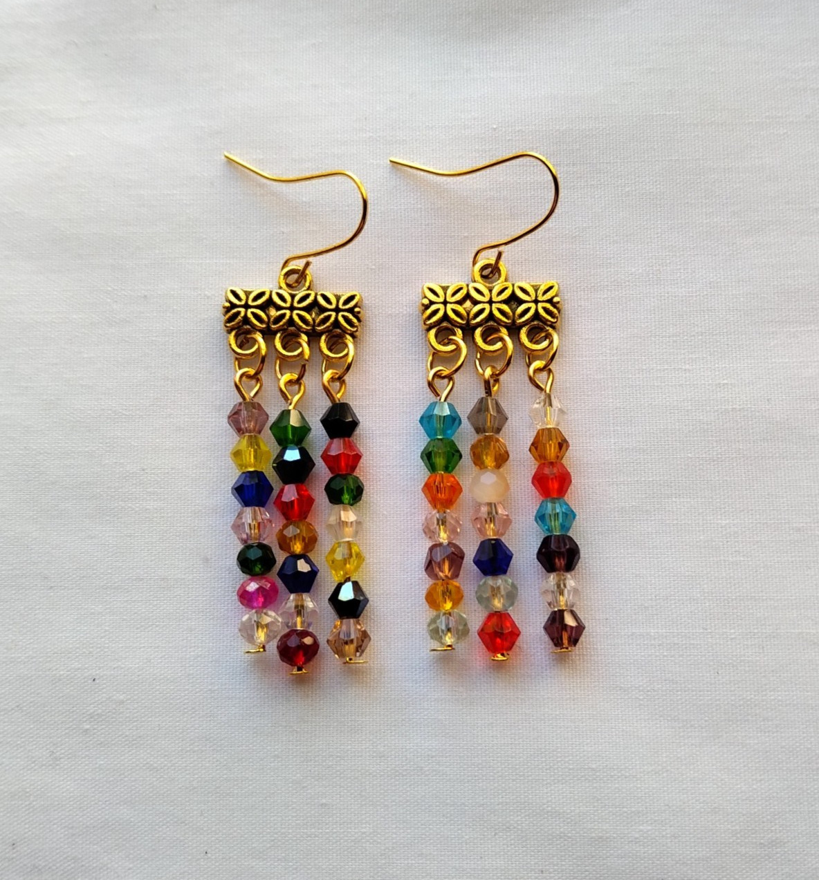 Multicolor Crystal Beaded Dangle Earrings Handmade Gold Tone Hook Boho Chic