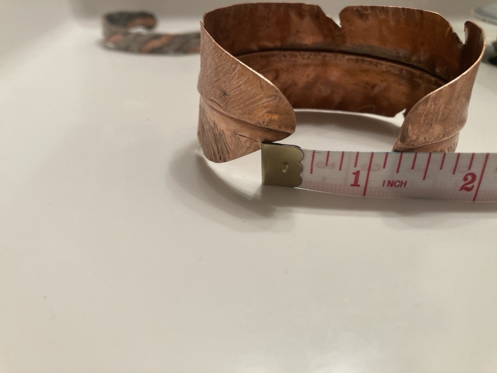 Wide Handcrafted Copper Cuff Bracelet Feather Design Unisex Adults 7 inch