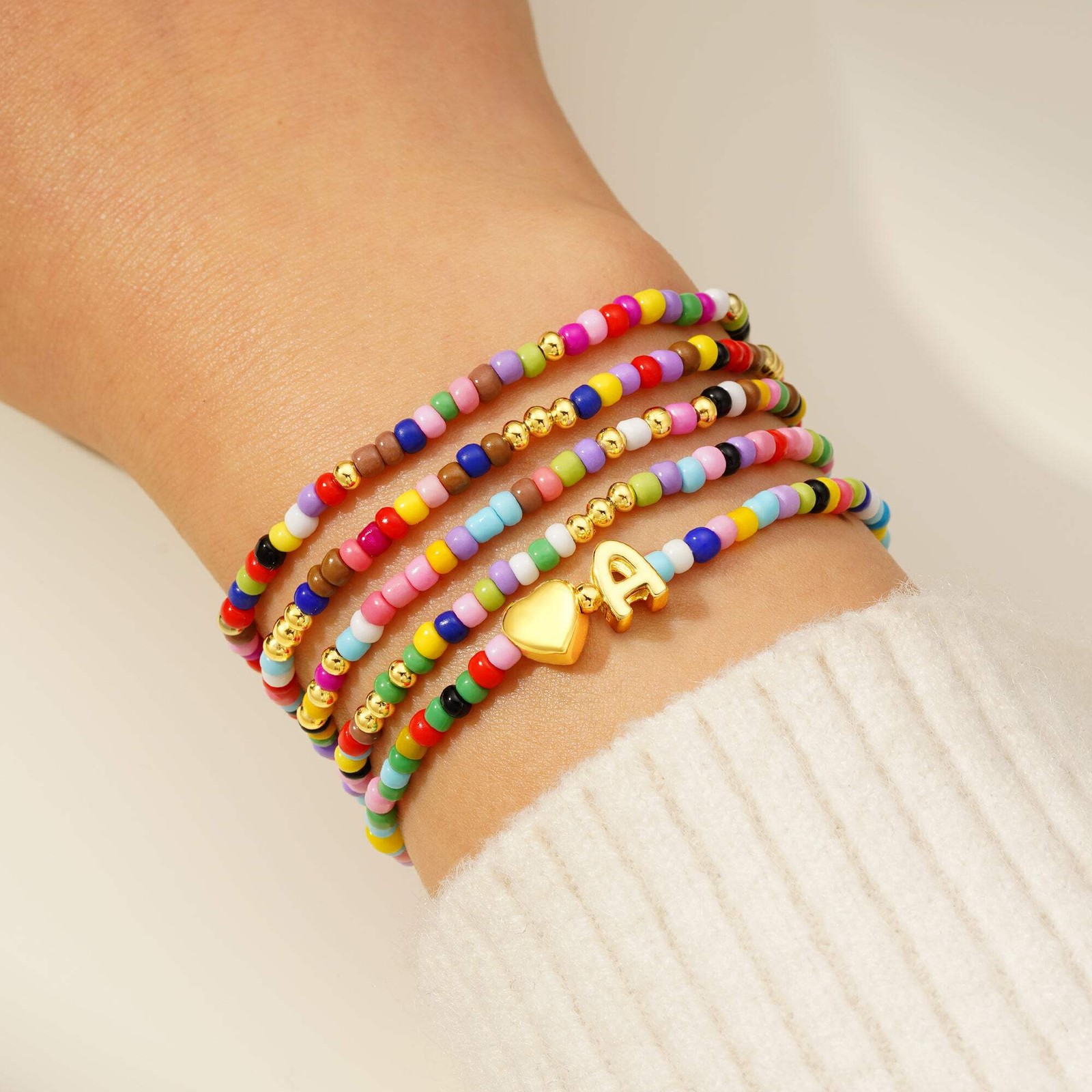 Turandoss 5PCS Gold Beaded Heart Initial Bracelets for Women Girls Gifts, 6.5In