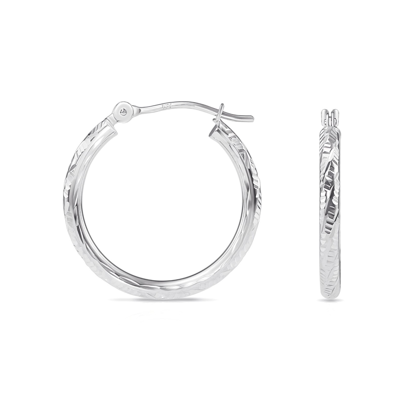 10K Solid White Gold Hand Engraved Diamond-Cut Creole Hoops Earrings All Sizes