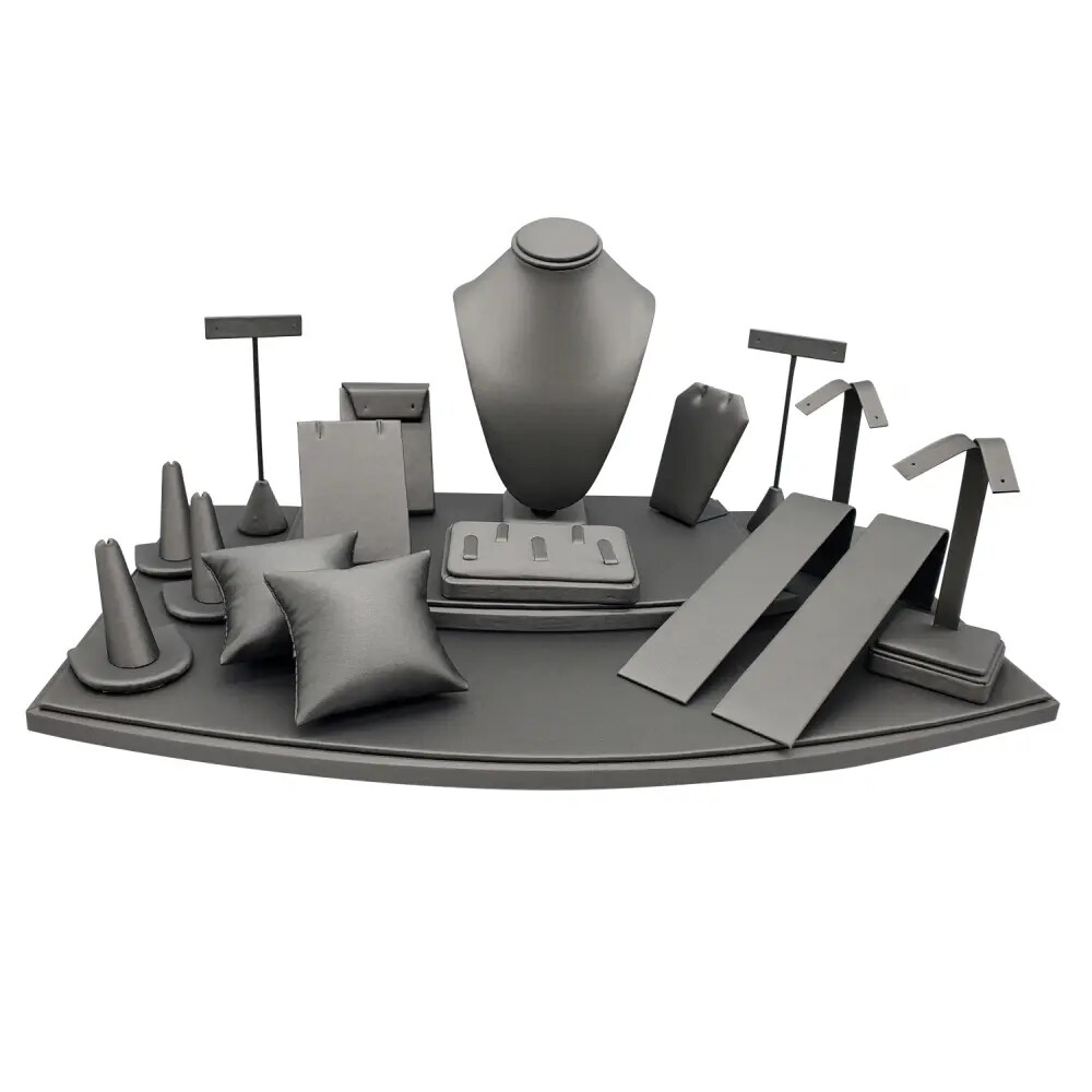 18 Piece Steel Grey Leatherette Jewelry Display Set Organizer
