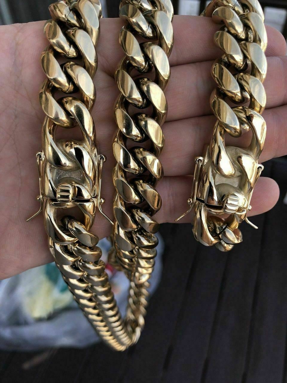 18mm Cuban Miami Link Bracelet Kilo Chain Set 14k Gold Plated Stainless Steel