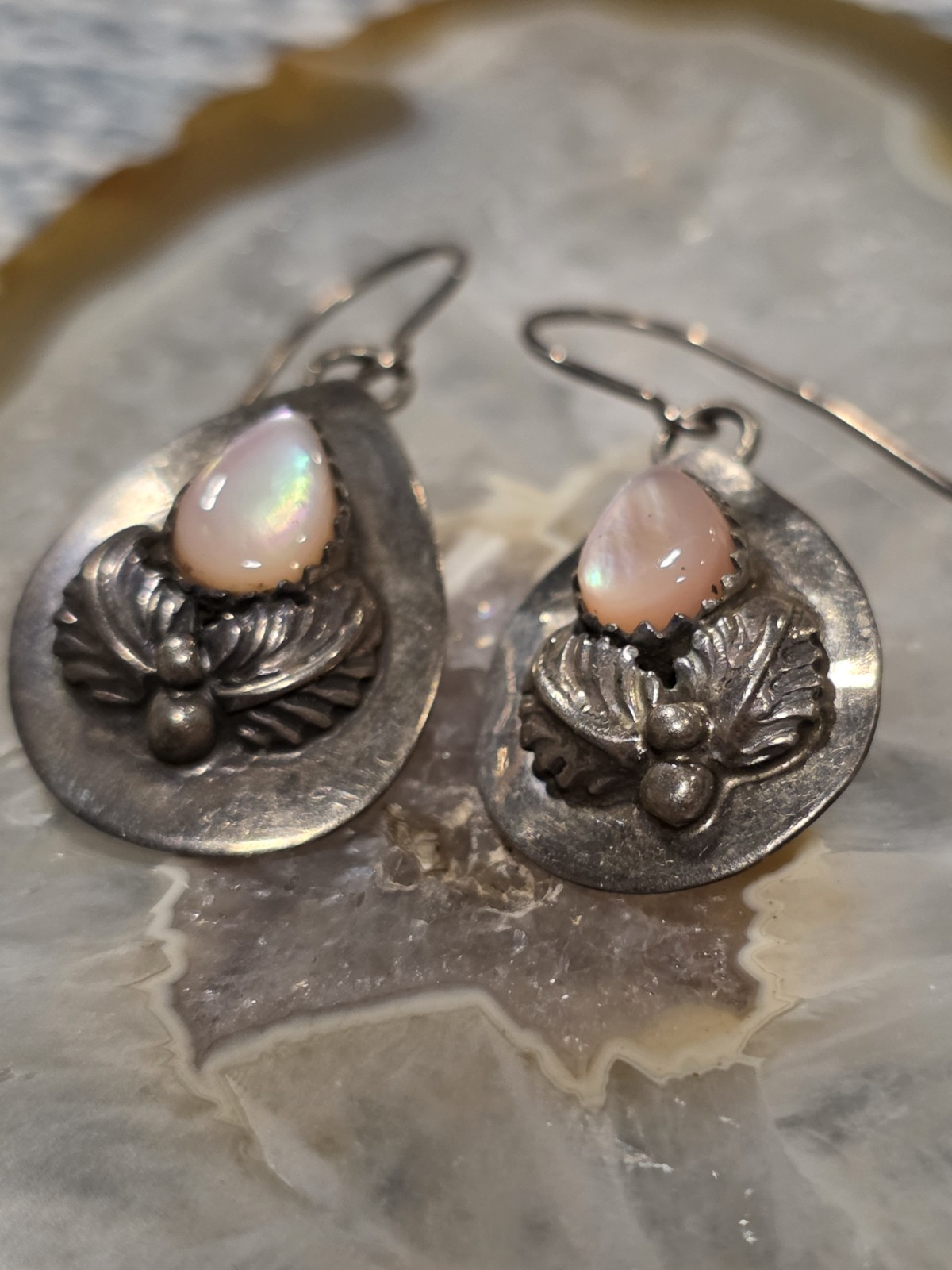Vintage Native American Signed CC Sterling Silver Earrings Rose Quartz Stone