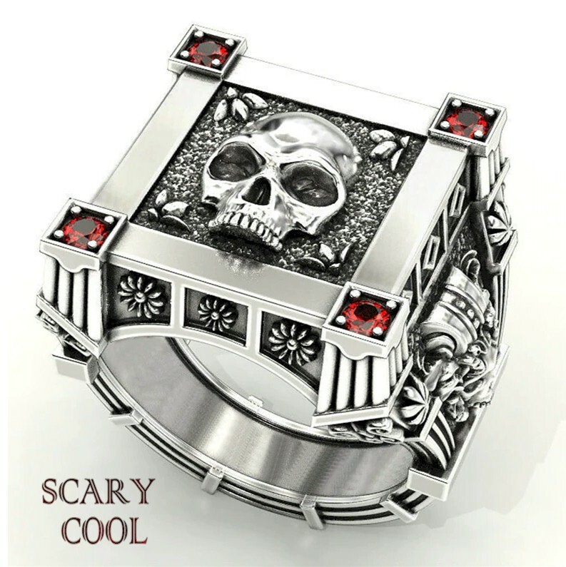 New Skull Skeleton Red Crystal Embossed Head Silver Mens Gothic Biker Ring