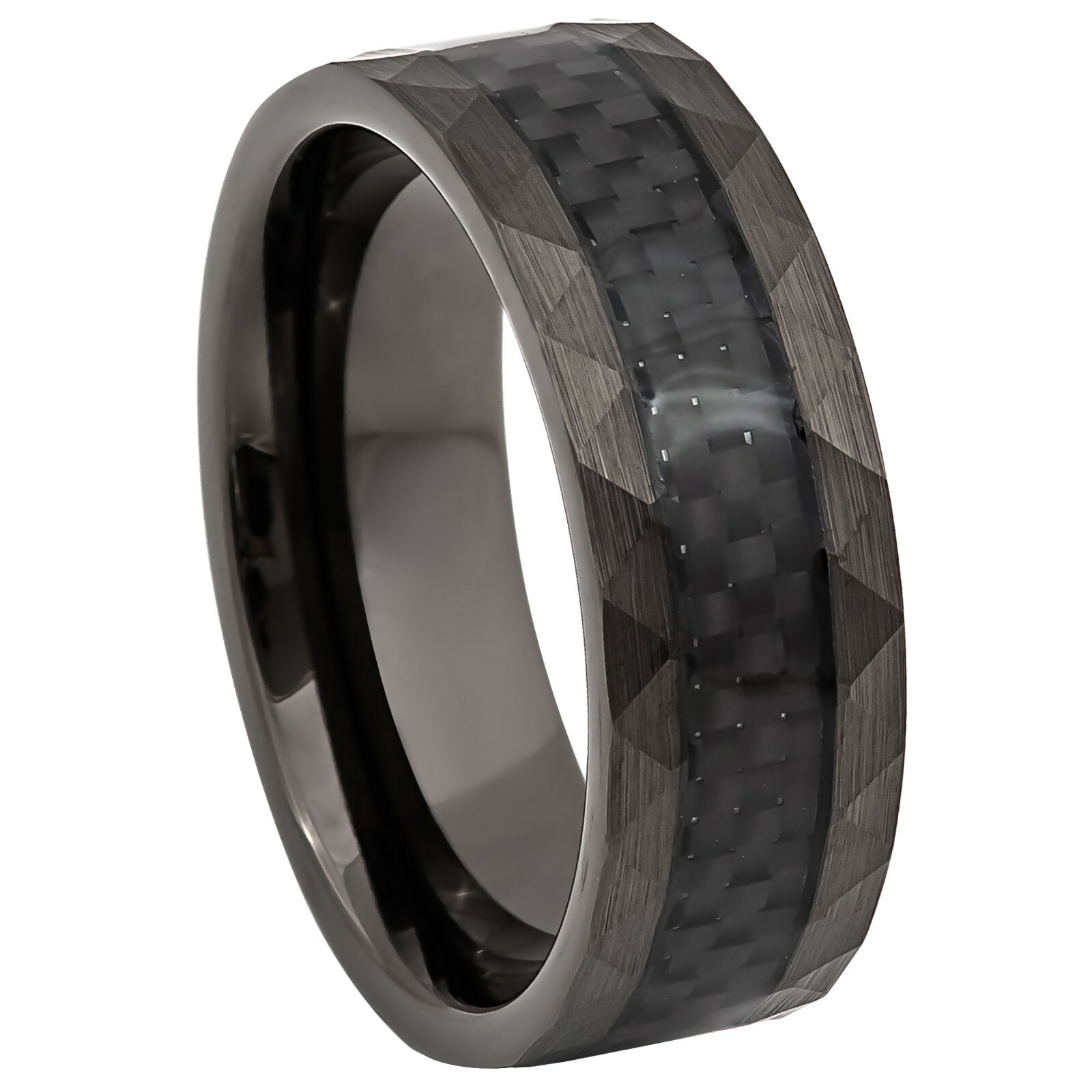 Tungsten Ring Black Ion Plated w/ Carbon Fiber Inlay Faceted Sides 8mm Unisex
