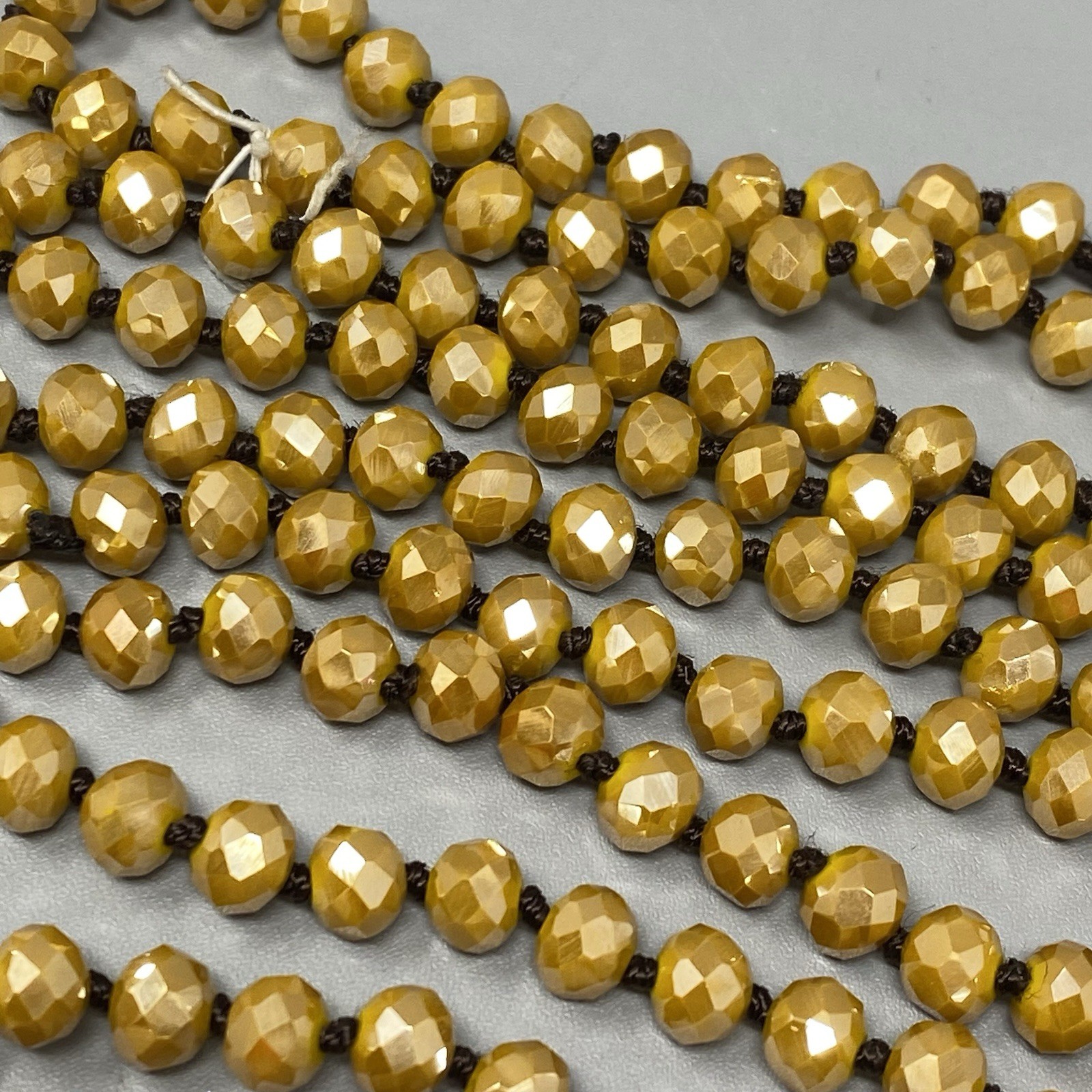 Czech Gold Glass Bead Flapper Necklace Fire Polished Coated Hand Knotted Cord 62