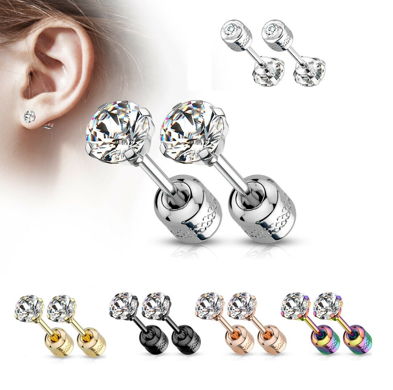 PAIR Prong Set CZ Stud Earrings with Gem Centered Screw Back Surgical Steel PE30