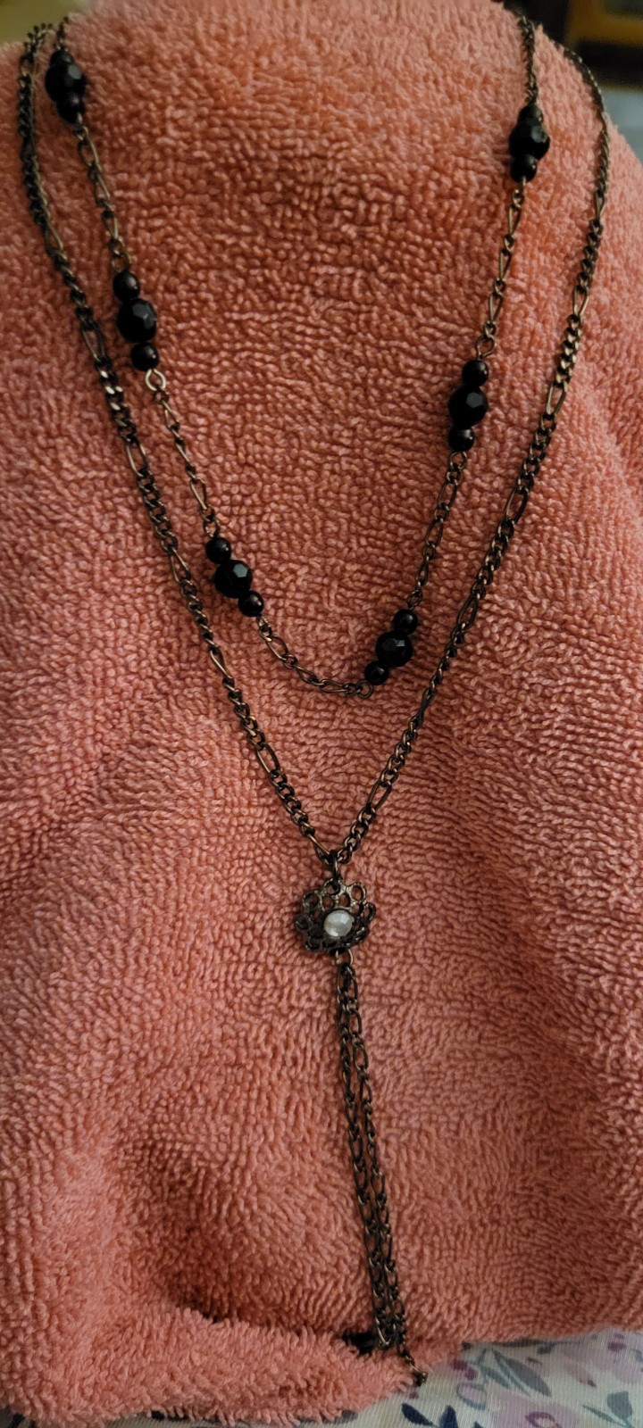 Cookie Lee Black Beaded Y-Drop Teardrop Pendant Necklace, Cable Chain Lobster