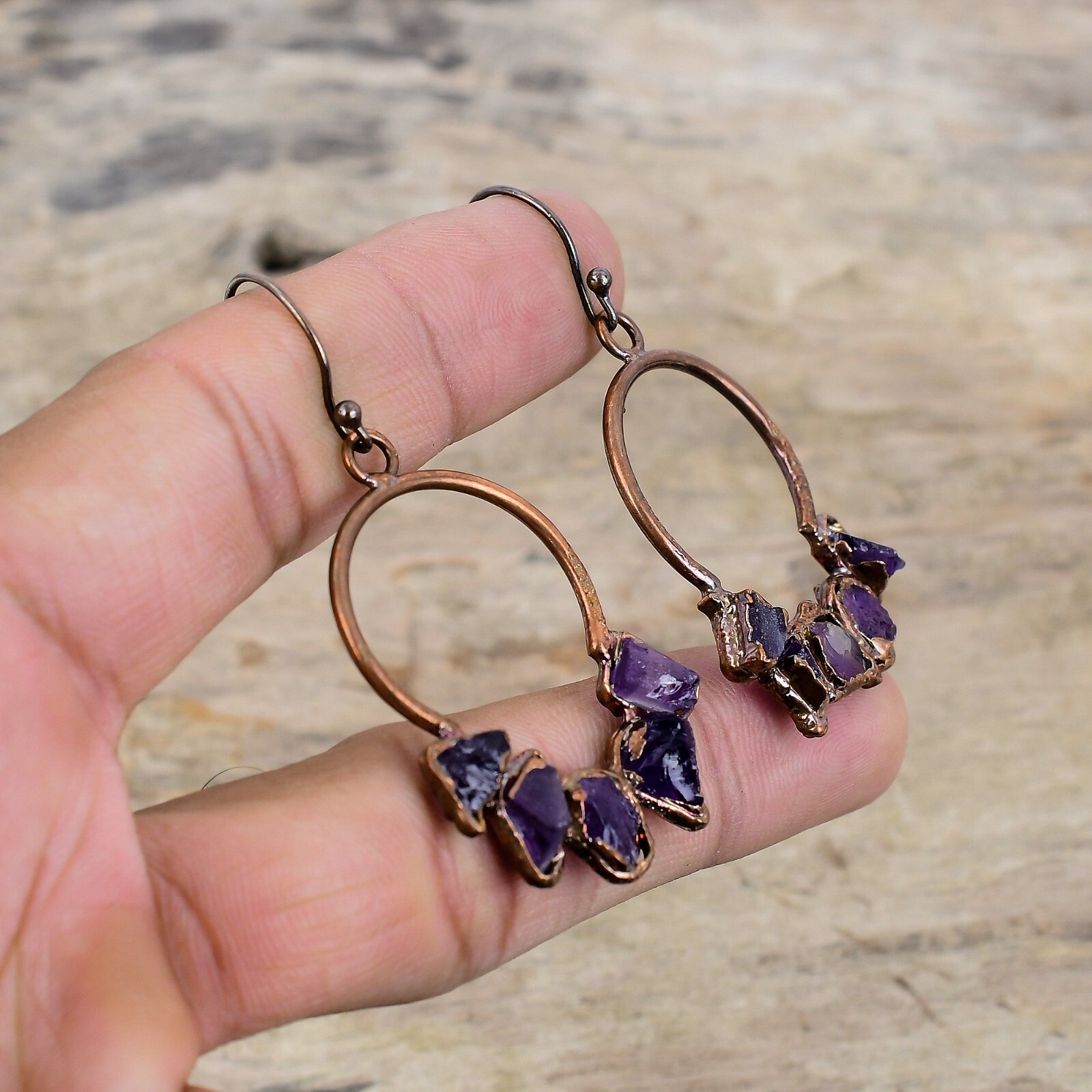 African Amethyst Rough Electroformed Earrings Handcrafted Copper Gift 2.36″