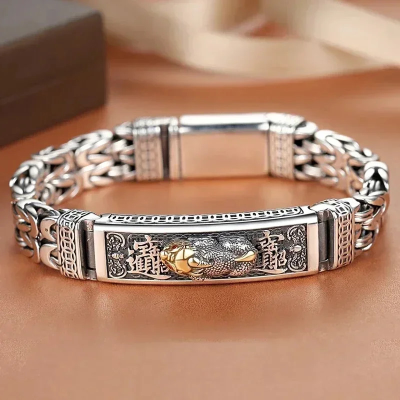New Silver Color Plain S925 60.5g Silver Men Retro Cross Watch Chain Bracelet