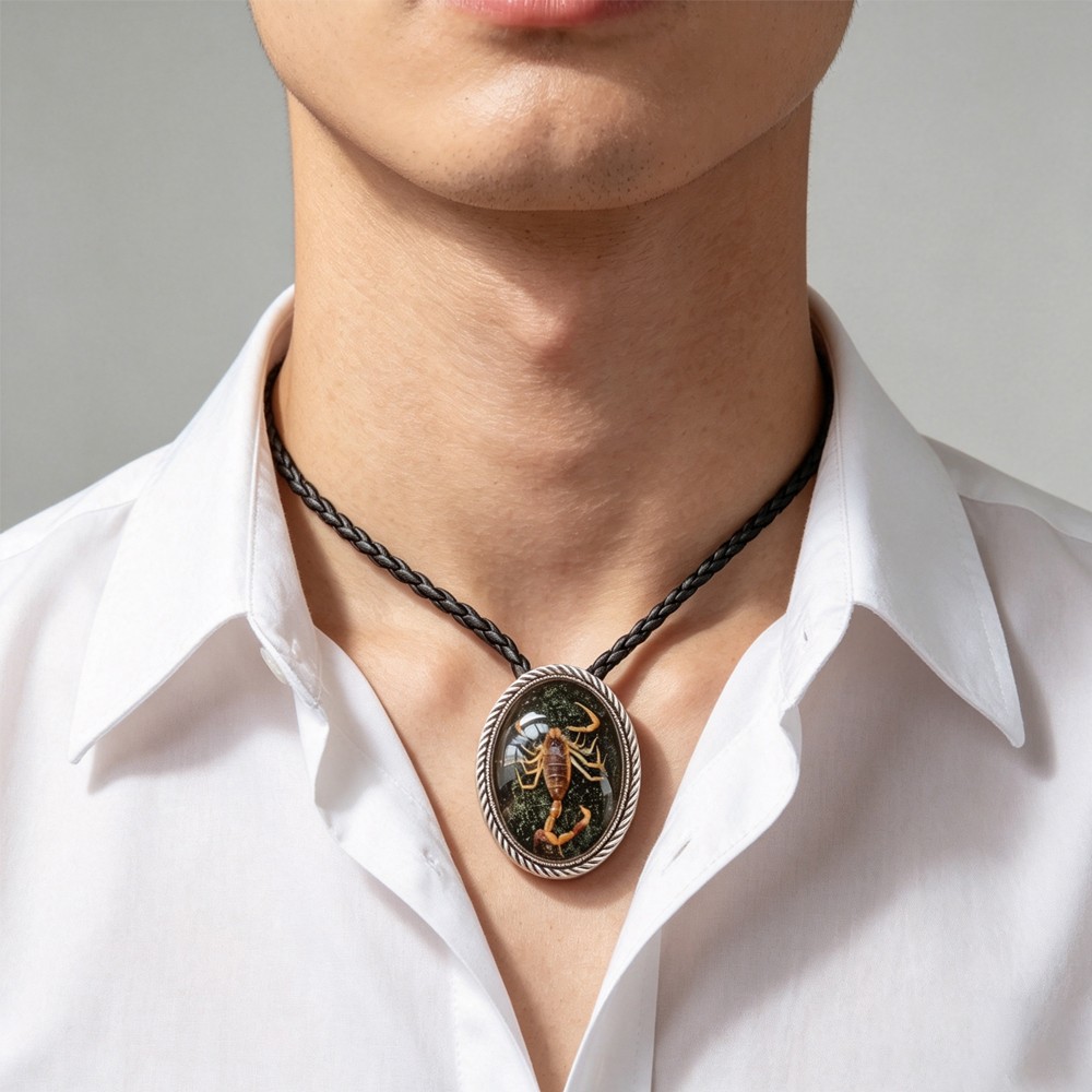 Faux Leather Western Gothic Wedding Necklace Necktie – Black Scorpion Bolo Tie