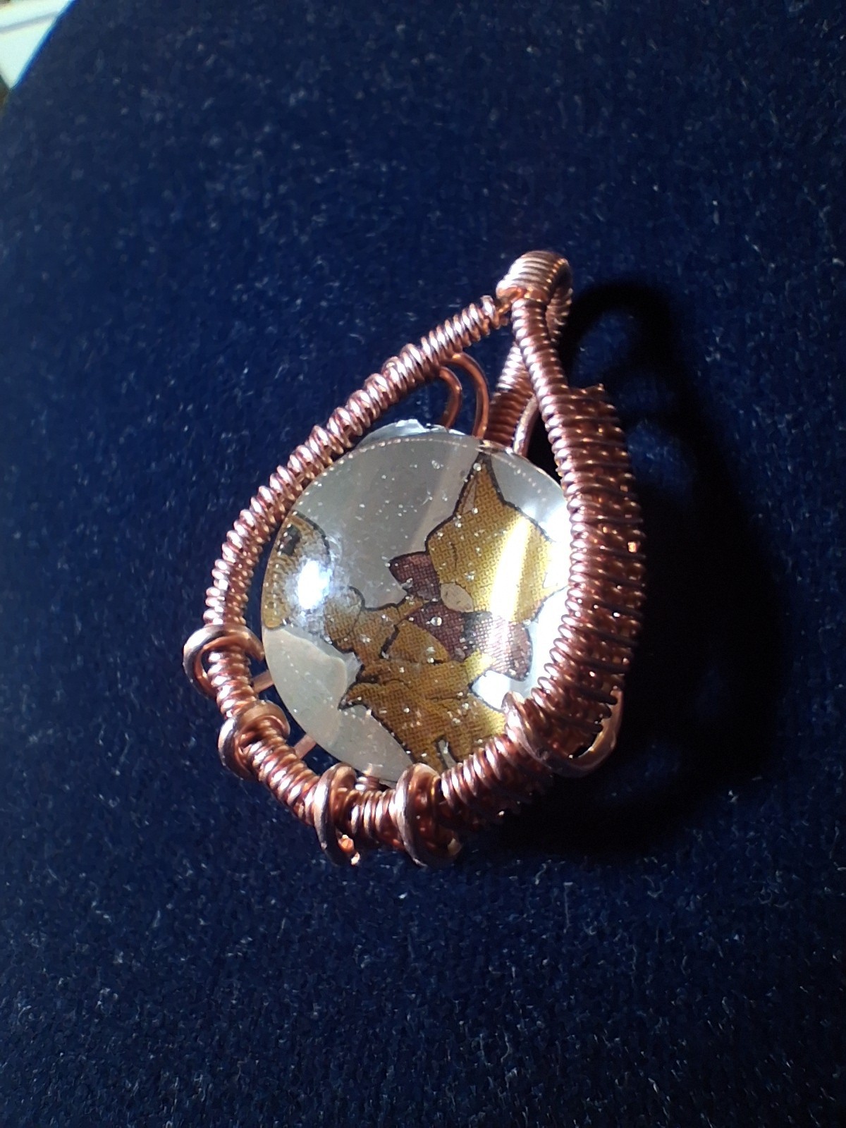 Handcrafted Copper Wire Wrapped Oval Pendant Cord Necklace Art