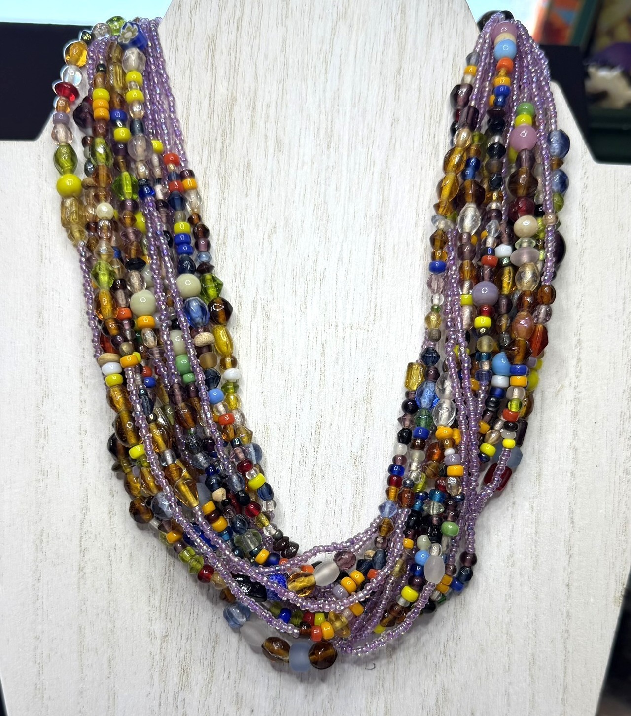 Multi Strand Bead Necklace Colorful Assorted Glass Beads Boho Chunky 18″
