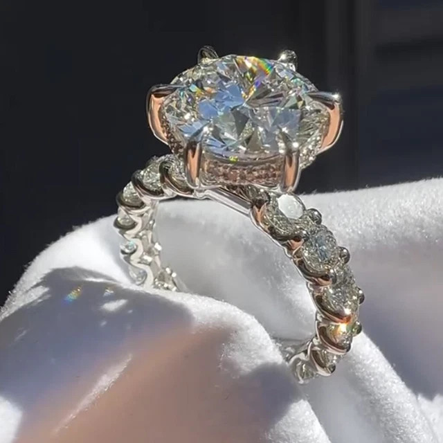 4CTW Round Cut Moissanite Engagement Ring 925 Sterling Silver 14K Vermeil Gold