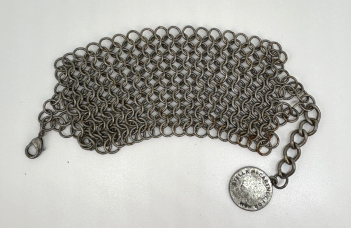 Vintage STELLA MCCARTNEY Silver Mesh Metal Wire Wide BRACELET w/ Charm