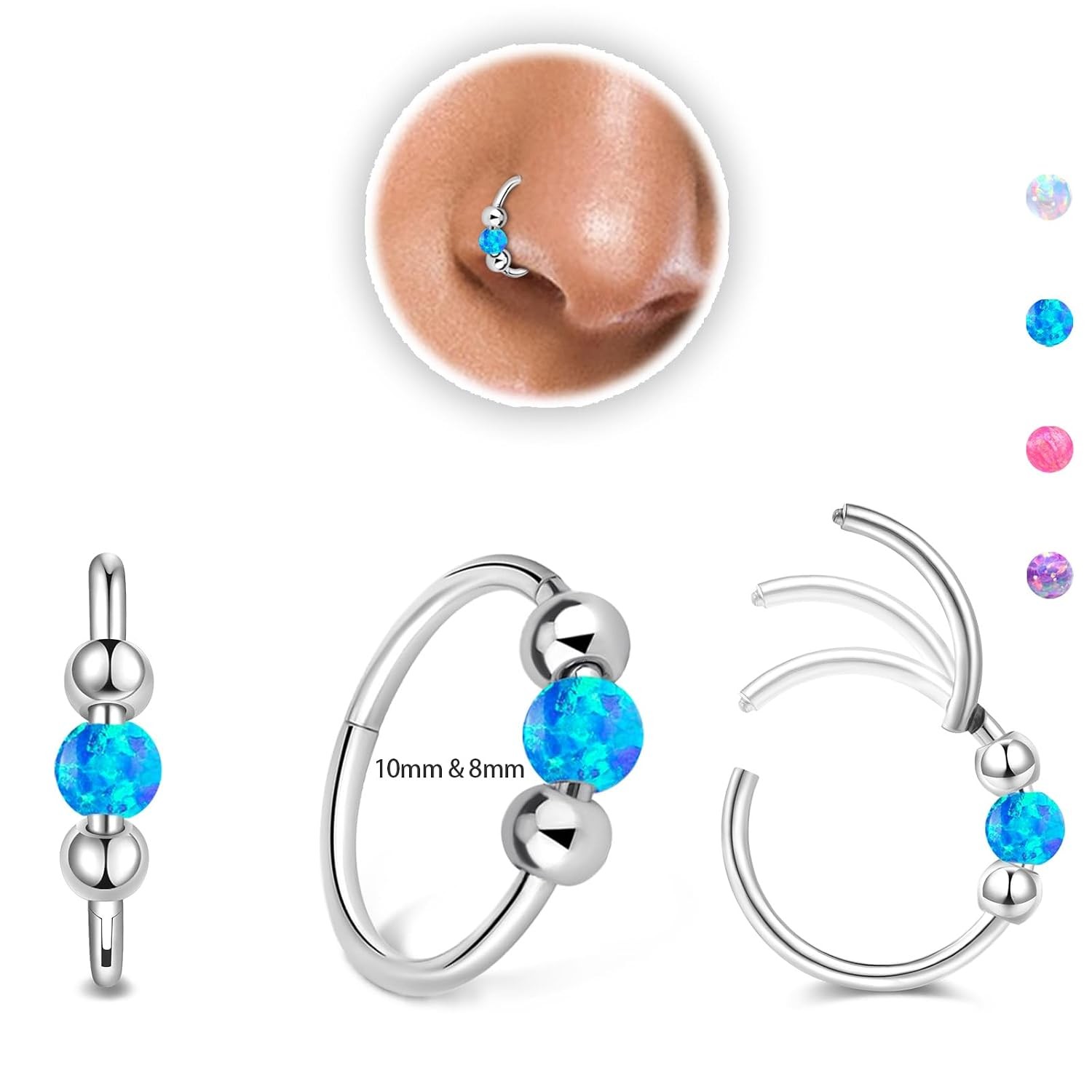 Thiswhyimbeauty 2PCS 18g Opal Nose Rings for Women Nose Hoops 8mm/10mm Hypoaller