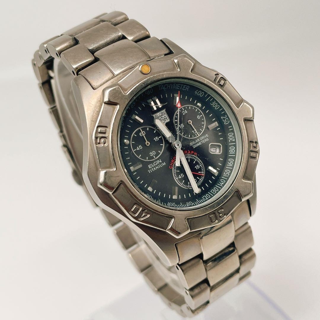 Elgin Solar Chronograph Titanium Silver Vintage Men’s Watch Japan 075828