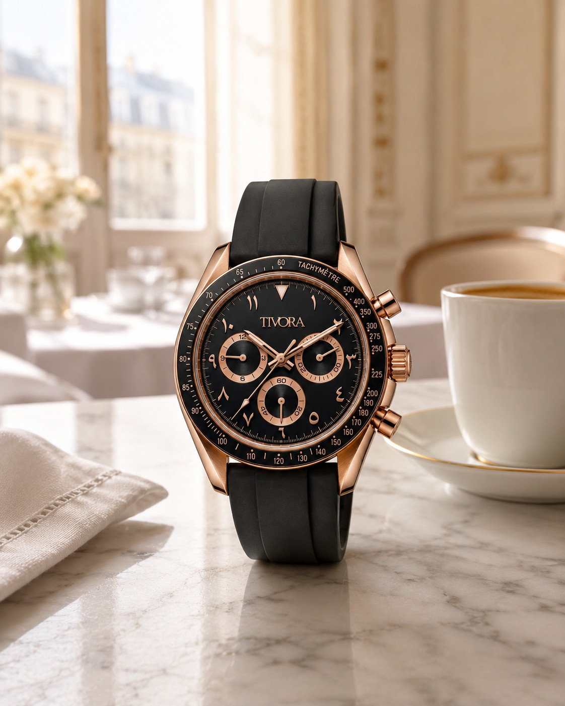 TÍVORÁ Veyron Rose Steel Onyx Dial Rubber V2 – Custom Branded Automatic Chronogr