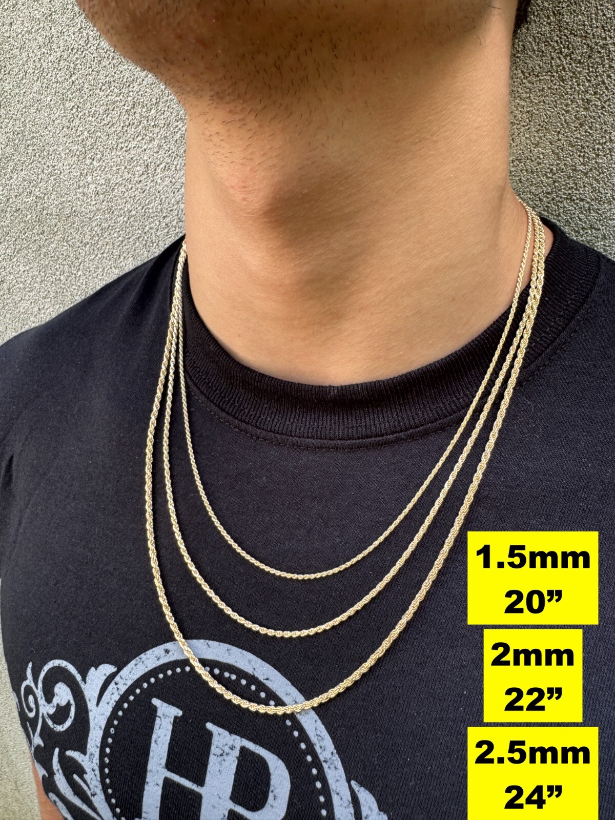 Cadena Rope de Plata 925 con Baño de Oro 14k para Hombre y Mujer 1.5-5mm