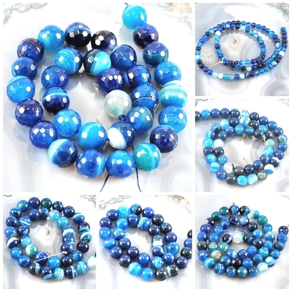 Gemstone Natural Blue Agate Bead Blue Stripe Agate Round Bead 15″ Jewelry Making