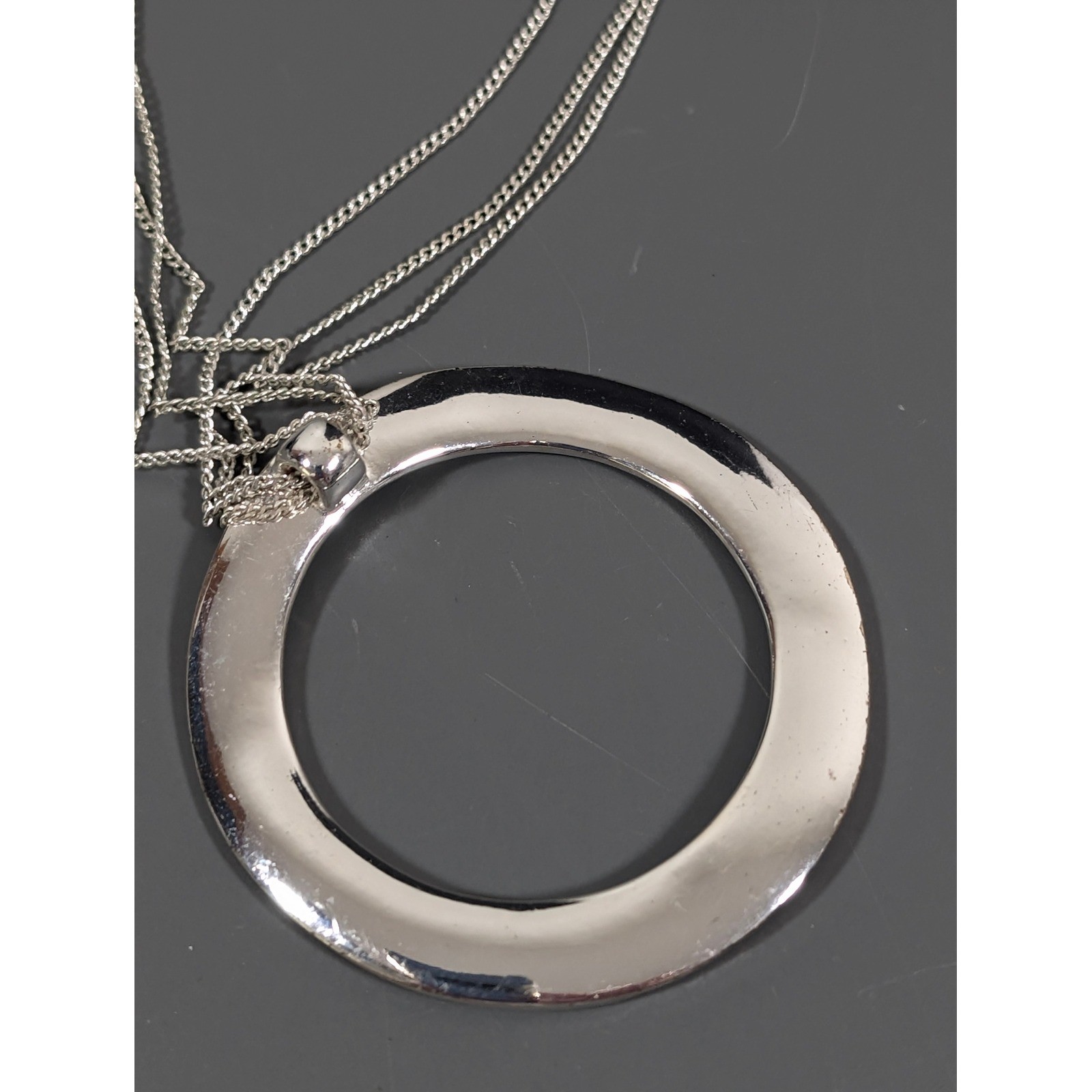Silver Tone Circle Pendant Necklace Multi Chain Minimalist Modern Y2K 20 in